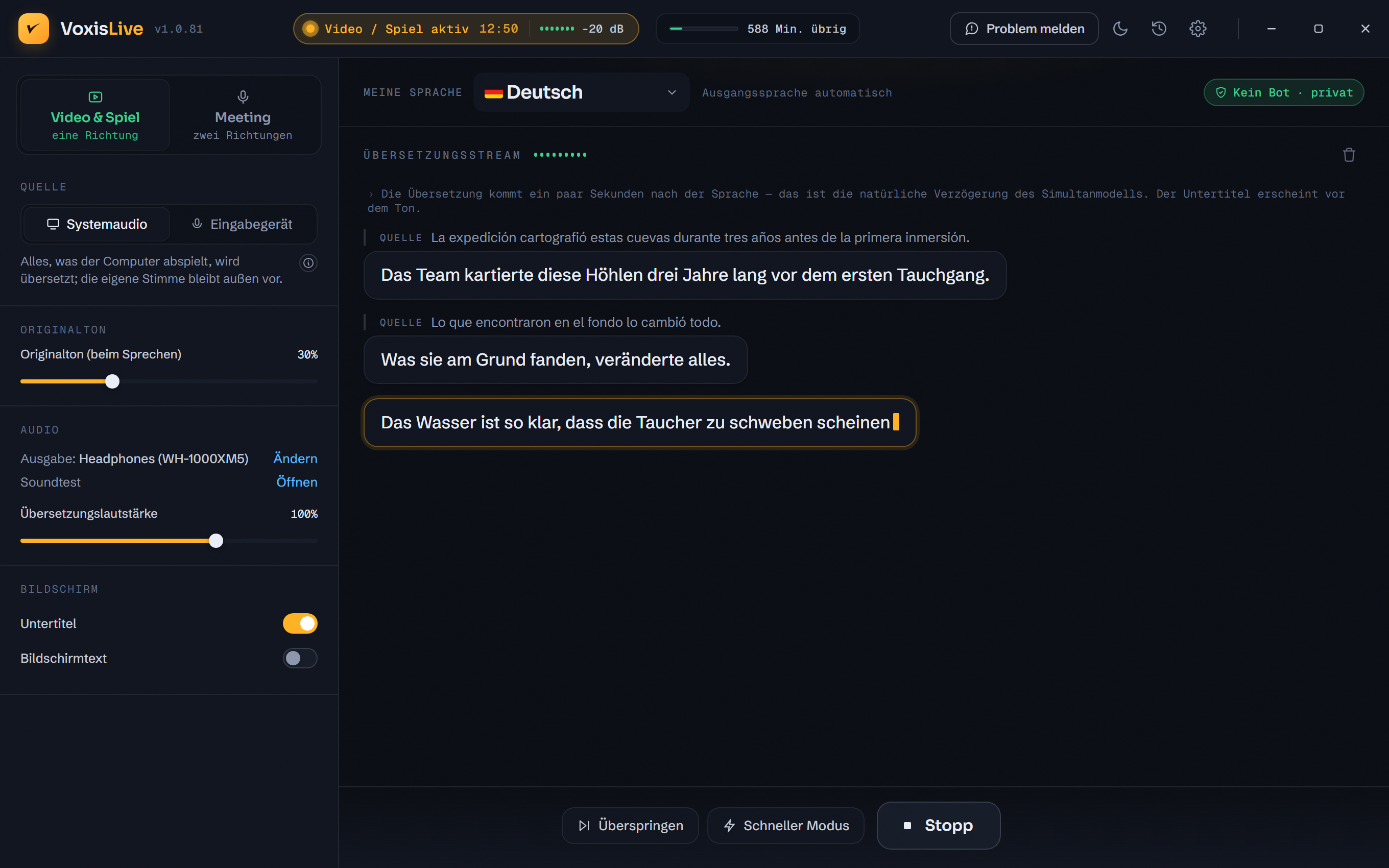 VoxisLive übersetzt ein Video mit zweisprachigem Live-Transkript