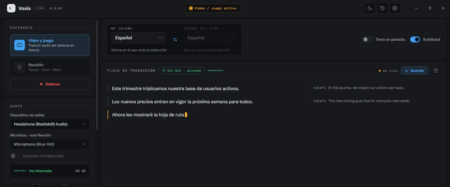 VoxisLive traduciendo un video con una transcripción bilingüe en vivo