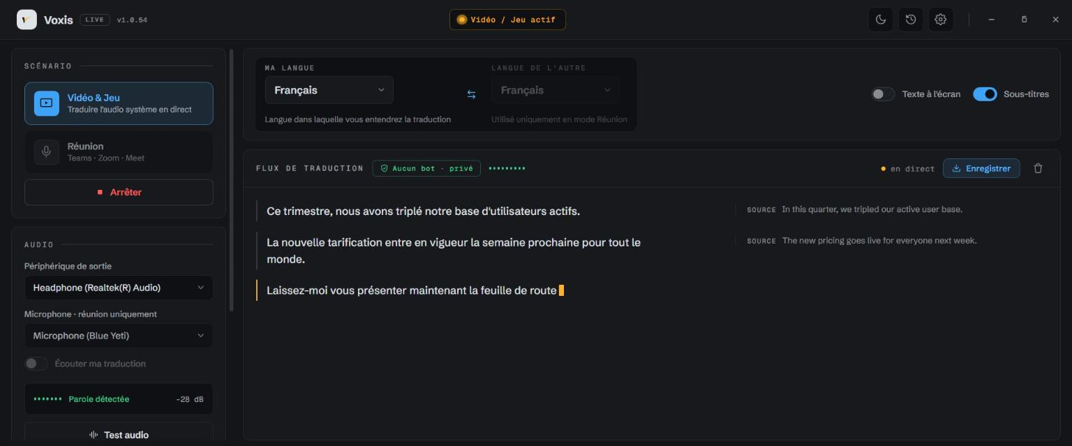 VoxisLive traduisant une vidéo avec une transcription bilingue en direct
