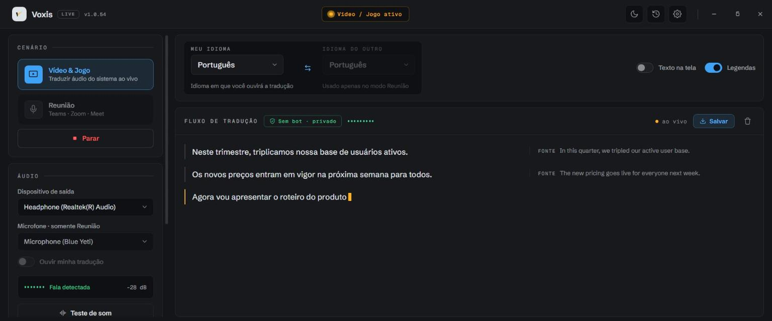 VoxisLive traduzindo um vídeo com transcrição bilíngue ao vivo