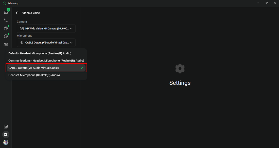 WhatsApp-Mikrofon-Dropdown mit ausgewähltem und hervorgehobenem CABLE Output (VB-Audio Virtual Cable)