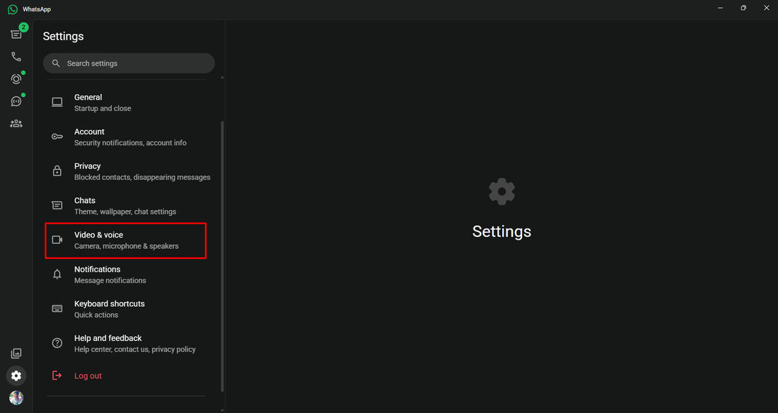 WhatsApp-Settings-Menü mit hervorgehobenem Eintrag Video & voice