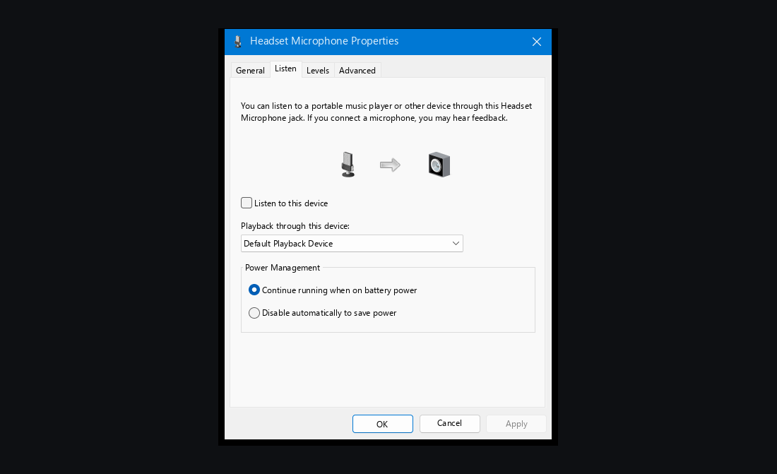 Свойства микрофона в Windows, вкладка «Прослушать»: флажок «Прослушивать с данного устройства» снят